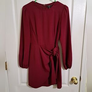 LULUS Believe It or Knot Wine Red Long Sleeve Tie-Front Skater Dress